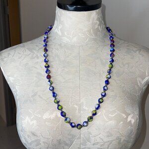 Vintage Millefiore Beaded Necklace 27 Inches Blue Multicolor Made In Italy
